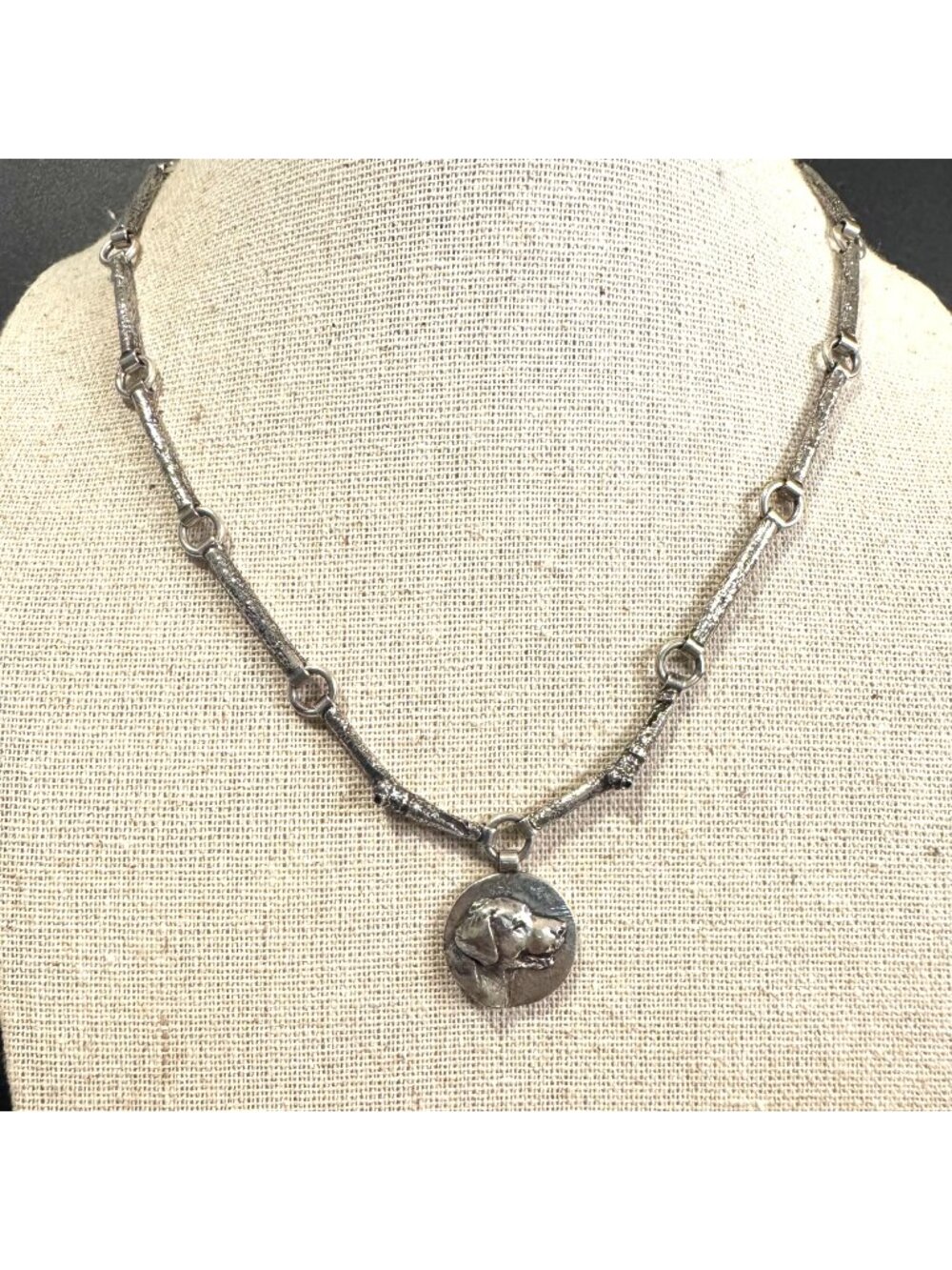 Sterling Silver 925 Textured Bar Link Dog Pendant Necklace Size 16" Length